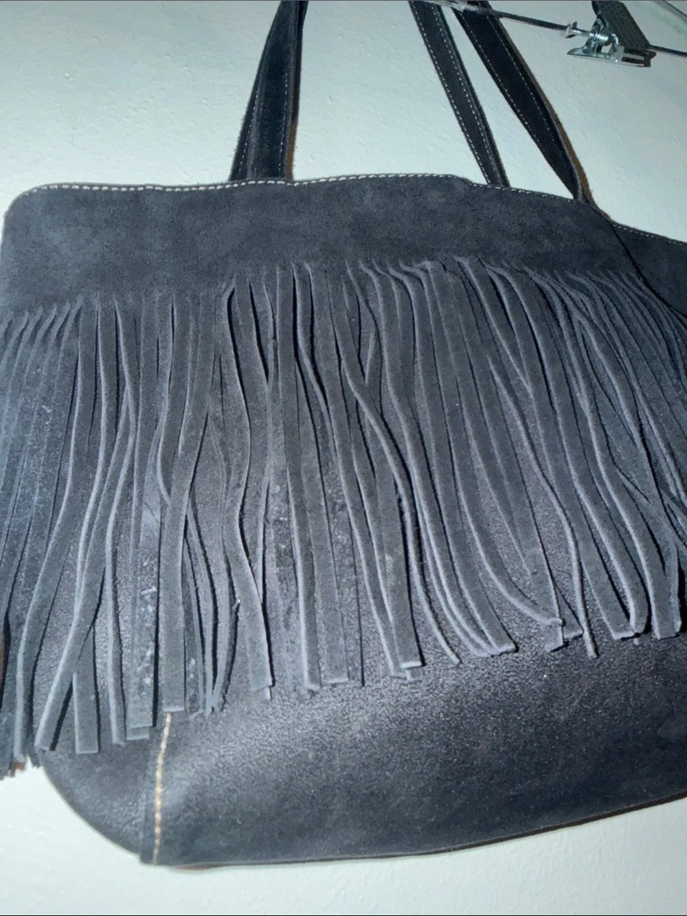 Black Fringe Suede Tote Bag Nine West